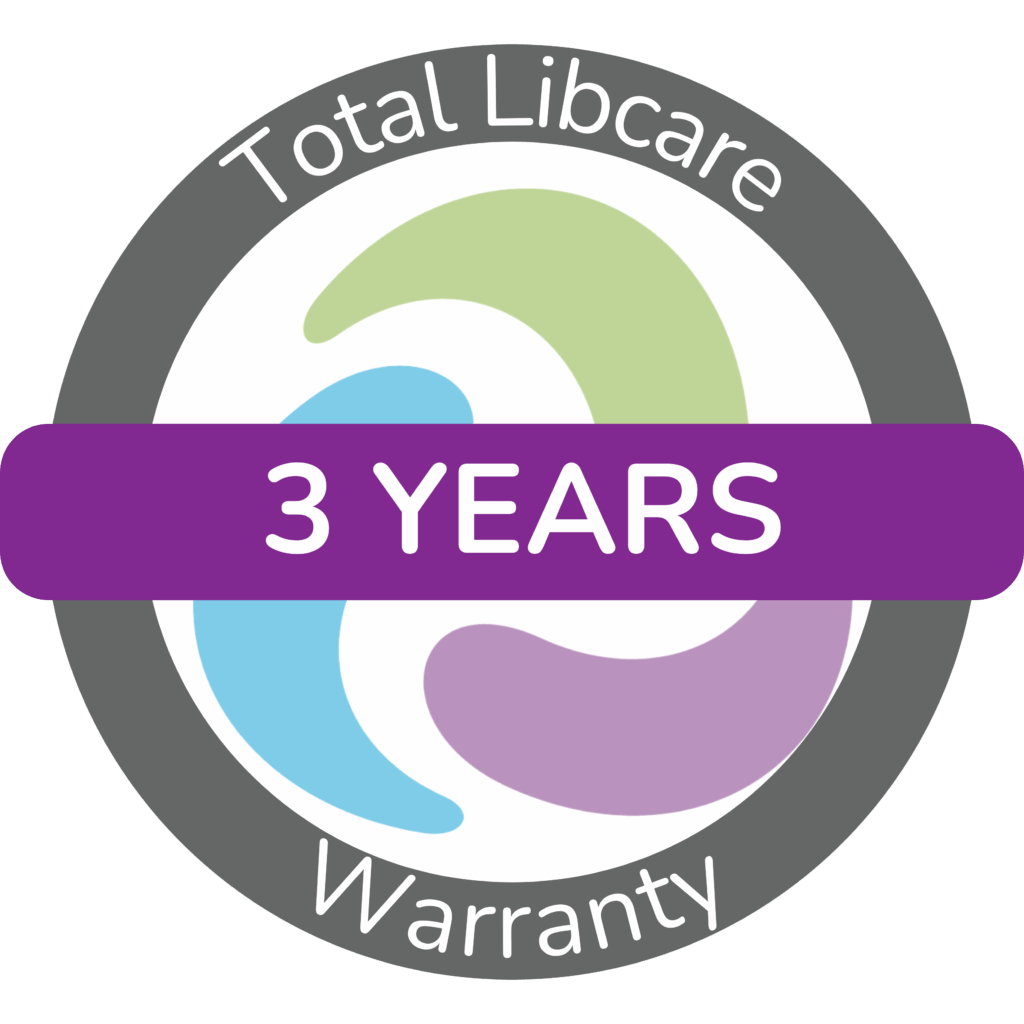 Total Libcare Logo a grey circle with white text reading 'Total Libcare Warranty'. In the centre of the circle is the Liberator logo and across the middle of the circle it says 3 years.