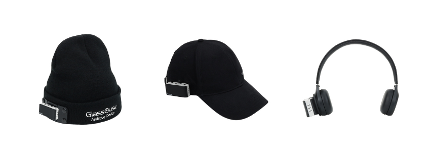 A black cap, beanie and headband which have an accessory fitted to attach a GlassOuse Link or Pro.